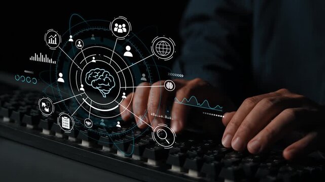 Hands Typing on Keyboard with Digital Communication and Brainstorming Concept Illustrations Overlaying Data and Graphics Symbols in Dark Background. Entropy.