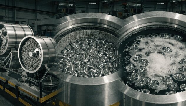 Medium shot of barrels filled with ceramic media polishing metal parts showcasing efficient deburring and surface finishing in an industrial setting. Medium shot of vibratory bowls
