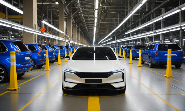 direct front view of a sleek new white automobile positioned on the factory floor of a highly automated car manufacturing facility surrounded by yellow safety cones and rows of blue vehicles