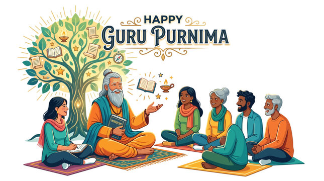 Celebrate HAPPY Guru Purnima with a wise guru teaching students under a knowledge tree