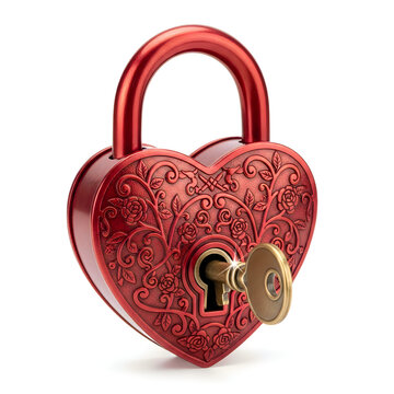 Heart-shaped vintage padlock with intricate design and keyhole isolated on white background