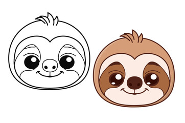 Fototapeta premium A vector design asset featuring a side-by-side comparison of a cartoon sloth face, displaying a clean, solid black outline version on the left for coloring and a finished brown color-filled version