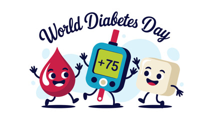 Fototapeta premium Animated blood drop, glucometer, and sugar cube smiling, promoting World Diabetes Day