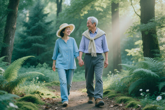 Senior Asian couple walking hand in hand through forest path, smiling and bonding during active retirement outing. Ideal for healthy aging, wellness, travel, insurance marketing