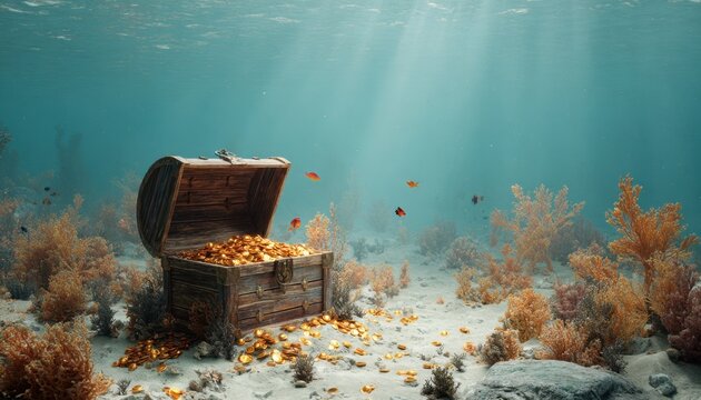 Open wooden treasure chest overflowing with gold coins and jewels on a sandy seabed surrounded by coral reefs and small orange fish