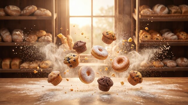 Muffins and Donuts Flying in Bakery with Flour Dust