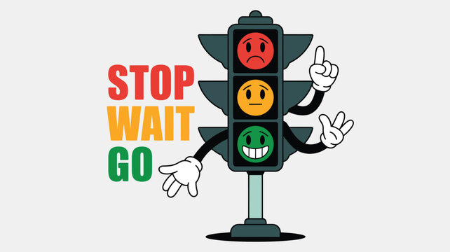 Animated traffic light shows stop wait go with pointing hand