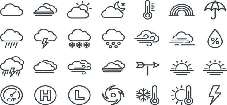 Minimalist weather forecast line icons set featuring meteorology pressure maps and seasonal climate symbols vector