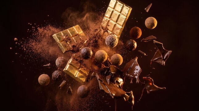 Golden chocolate bars and truffles exploding with cocoa powder