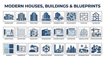 Modern Houses, Buildings & Blueprints: Architecture Design Icons © rokok