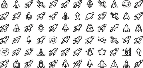 Fototapeta premium Space exploration rocket launch line icons set with spaceships satellites and planet symbols vector
