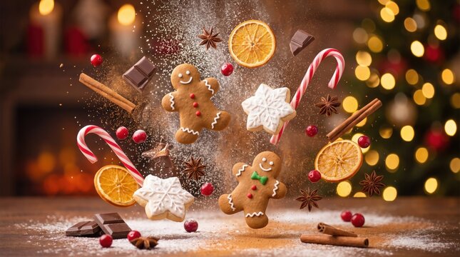 Christmas Baking Ingredients Levitate With Festive Background