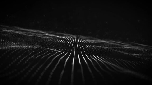 Monochromatic digital animation of glowing light particles forming organized wavy lines. Minimalist low-angle perspective features shallow depth of field and soft bokeh against a black void.
