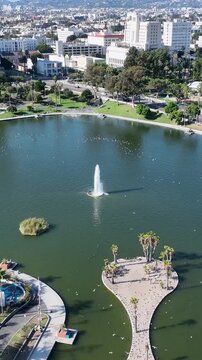 Echo Park At Los Angeles California United States. Drone Capturing The Beauty Square In The Center Of City. Infrastructure Landscape Commercial Building Stunning. Urban Commercial Building Town.