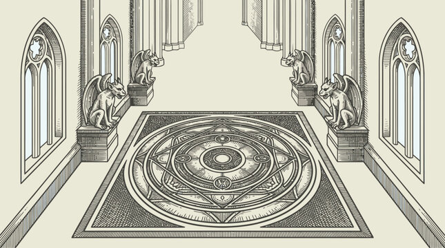 Cathedral Interior Ornate Floor Mosaic Arches Vector Illustration.
