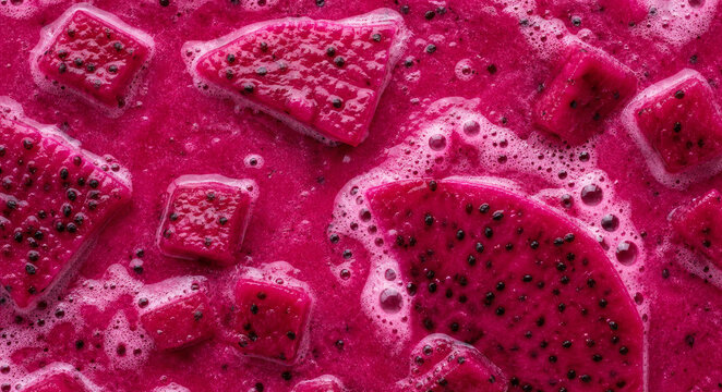 Macro close up of fresh, creamy vibrant pink dragon fruit smoothie texture with frothy bubbles, filled with floating sweet cut chunks and slices with black seeds for a delicious beverage background