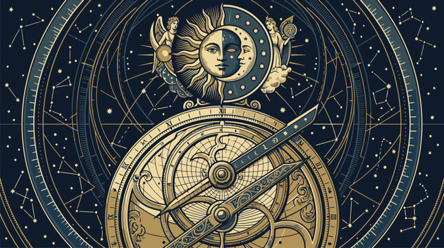 Celestial astrology emblem moon face star constellation vector.