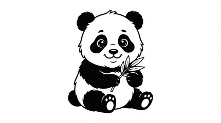 Cute Baby Panda Illustration Holding Bamboo Leaves, Isolated on White © wikky