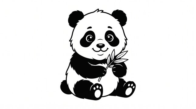 Cute Baby Panda Illustration Holding Bamboo Leaves, Isolated on White