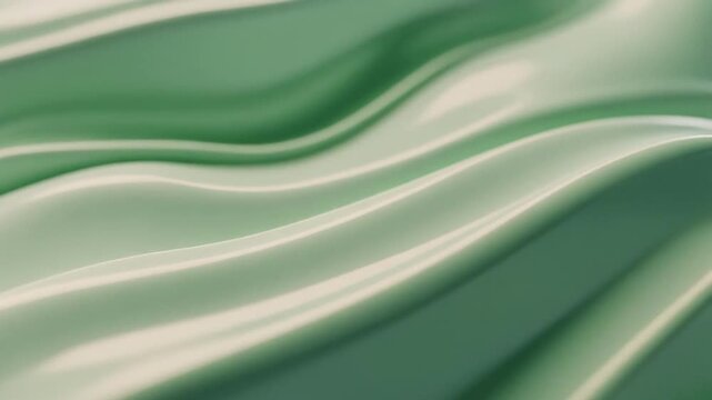 Abstract 3D render featuring flowing wavy surfaces in sage green and matcha cream tones. Smooth glossy texture with soft lighting and shallow depth of field for a calming background.
