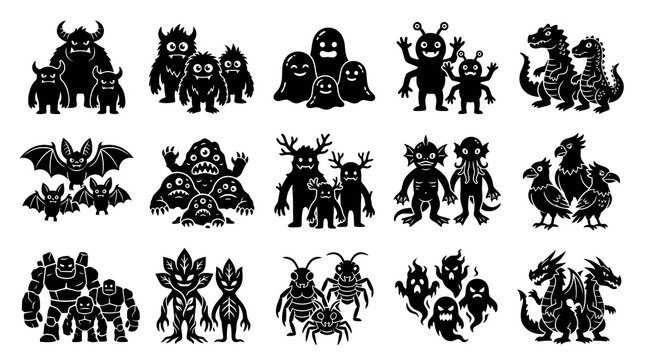 Black  White Glyph Icons of Various Cartoon Monsters and Creatures