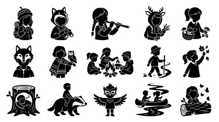Fototapeta premium Black White Glyph Icons of Children in Nature, Camping, Hiking, Forest Activities