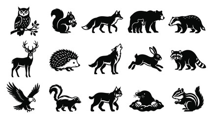 Obraz premium Black and White Forest Animals Vector Icons Set, Wildlife Silhouette Illustrations