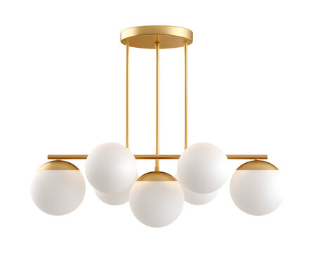 A modern gold chandelier with five frosted glass globes hangs elegantly, casting a warm glow, perfect for interior design inspiration PNG