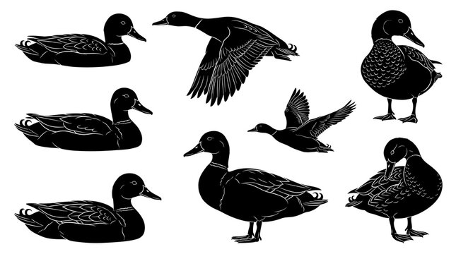 Detailed black silhouette duck drawing vector set. Mallard bird flying, swimming, standing and preening feathers. Vintage wildlife graphic design element collection.