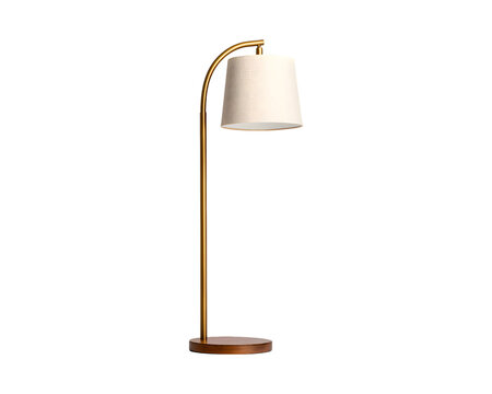 A modern golden floor lamp with a cream lampshade and a wooden base, casting a warm ambient light PNG
