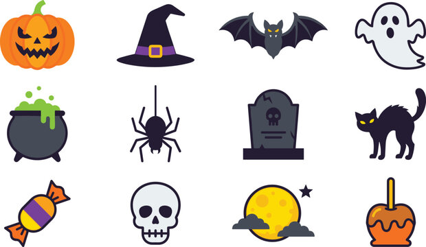 Halloween vector icon set with colorful spooky cartoon elements including pumpkin witch hat bat ghost cauldron spider gravestone cat skull candy isolated