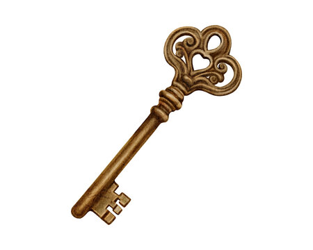 An antique brass key with an ornate heart-shaped bow and intricate details, resting against a clean, transparent background PNG
