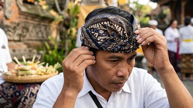 Balinese man adjusting traditional udeng headwear for a ceremony