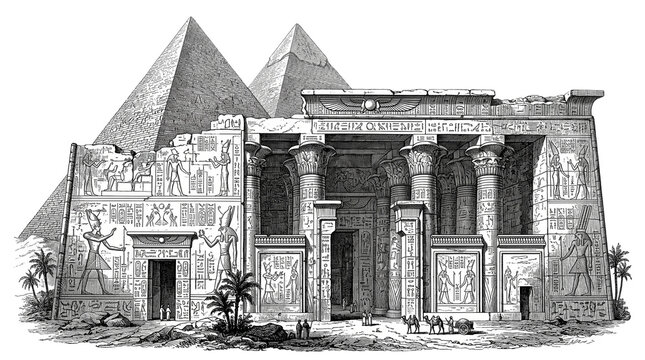 Vintage engraving of ancient Egyptian temple and pyramids, historical architecture with hieroglyphics, antique lithograph of Giza ruins isolated PNG with Transparent Background