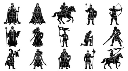 Obraz premium Medieval Knights, Kings, Queens, Warriors Silhouette Glyph Icons Set - Historical Royalty Fantasy Characters
