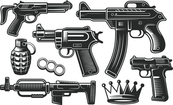 Assorted vintage firearms and weaponry including pistols submachine guns a grenade and brass knuckles with a crown during a dramatic studio lighting setup