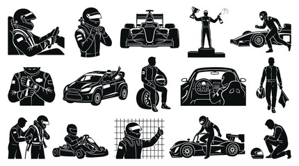 Obraz premium Racing Car Driver Icons: Black White Glyph Set for Motorsports