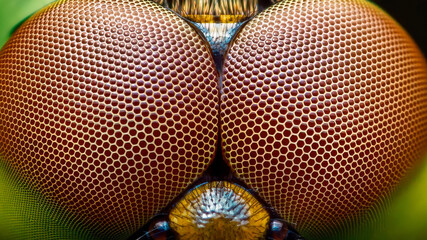 Close up view of vibrant dragonfly compound eyes with hexagonal facets © Pawich Sattalerd