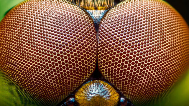 Close up view of vibrant dragonfly compound eyes with hexagonal facets
