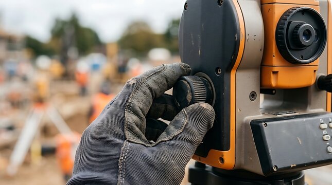Surveyor hand adjusting total station on construction site