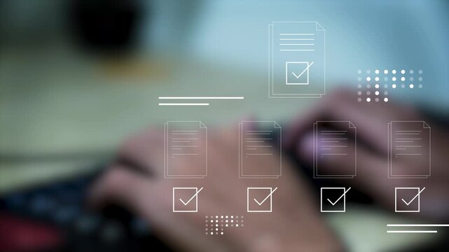 Businessman managing digital documents and task approval process on laptop. Smart technology interface for workflow automation, data management, productivity and online document verification.