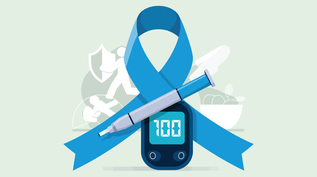 Blue ribbon, glucose meter, and insulin pen for diabetes awareness and health management
