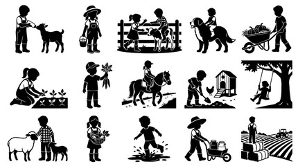 Obraz premium Agriculture Kids Vector Silhouettes - Children Farm Life Activities and Animals Black and White Glyphs