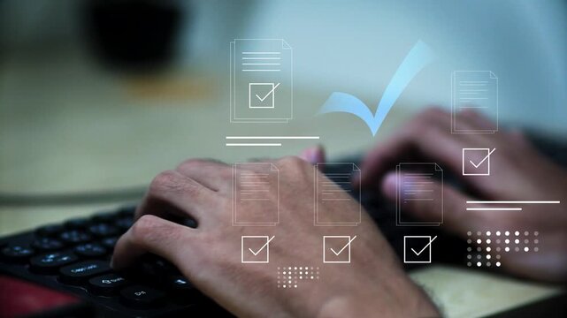 Businessman managing digital documents and task approval process on laptop. Smart technology interface for workflow automation, data management, productivity and online document verification.