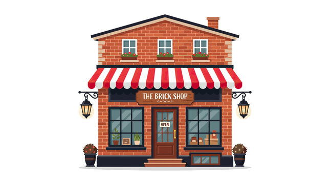 Charming Brick Shop Facade with Red and White Awning, Open Sign