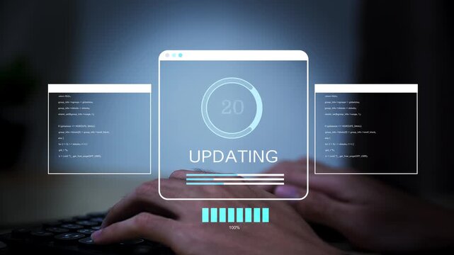 Firmware, Software, or Operating System update. Hand using computer with an increasing percent progress bar screen. Installing software application, new patch, hardware upgrade.