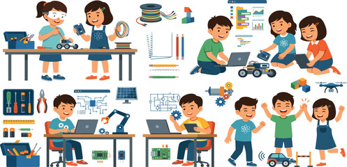 Happy students programming robotic cars assembling electronics and celebrating success in stem robotics workshop vector © Mstmomotaj