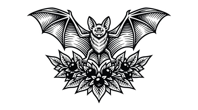 Bat skull with spread wings and floral ornament vector illustration.