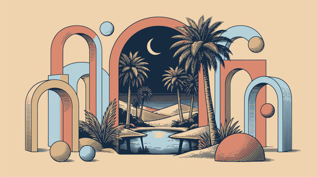 Beach oasis arches palm night moon vector illustration.