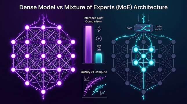 Comparison of dense model and mixture of experts ai architecture